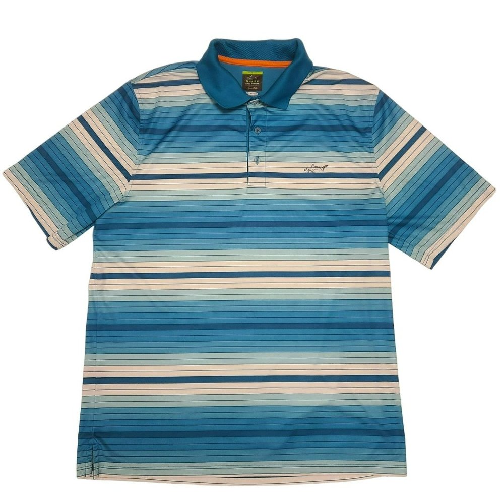Greg Norman for Tasso Ella Shark Polo Shirt Slim Fit Golf Striped Blue Men's L